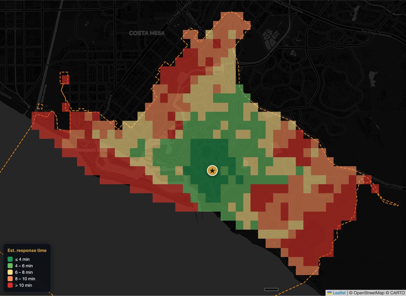 Response-time map with headquarters at the Civic Center, a large green core across Newport Beach