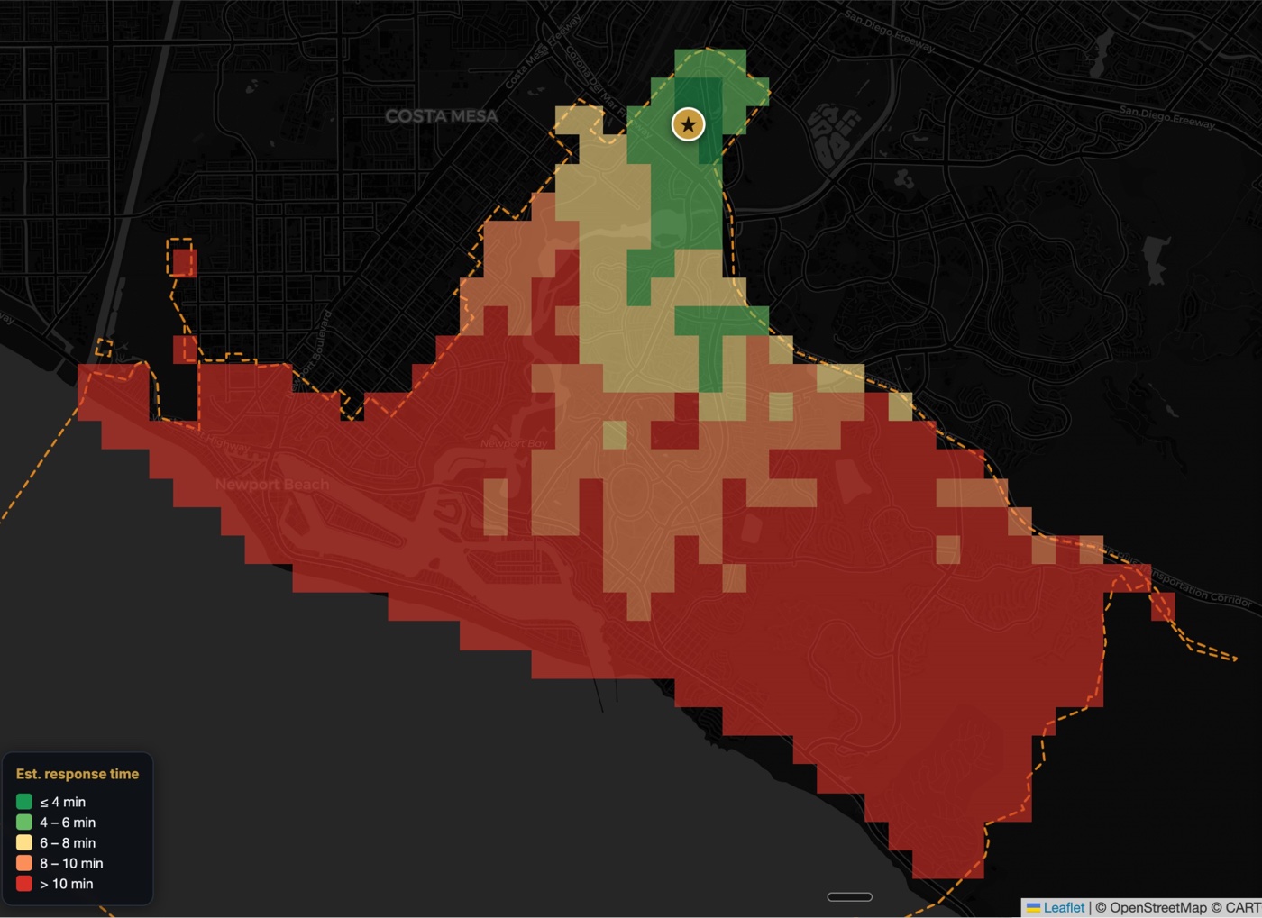 Response-time map with headquarters at the Dove Street site, most of Newport Beach shaded red